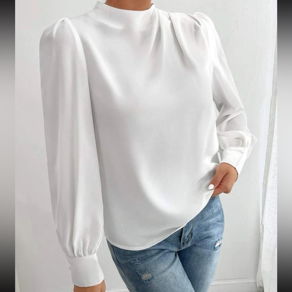 Textured Mock Neck Lantern Sleeve Blouse